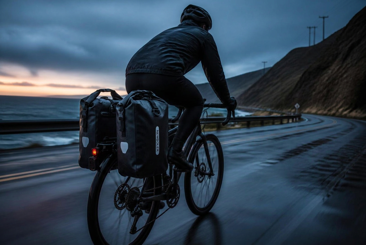 Cycliste sur une route côtière mouillée au crépuscule, sacoche Cyclonis sur le porte-bagages